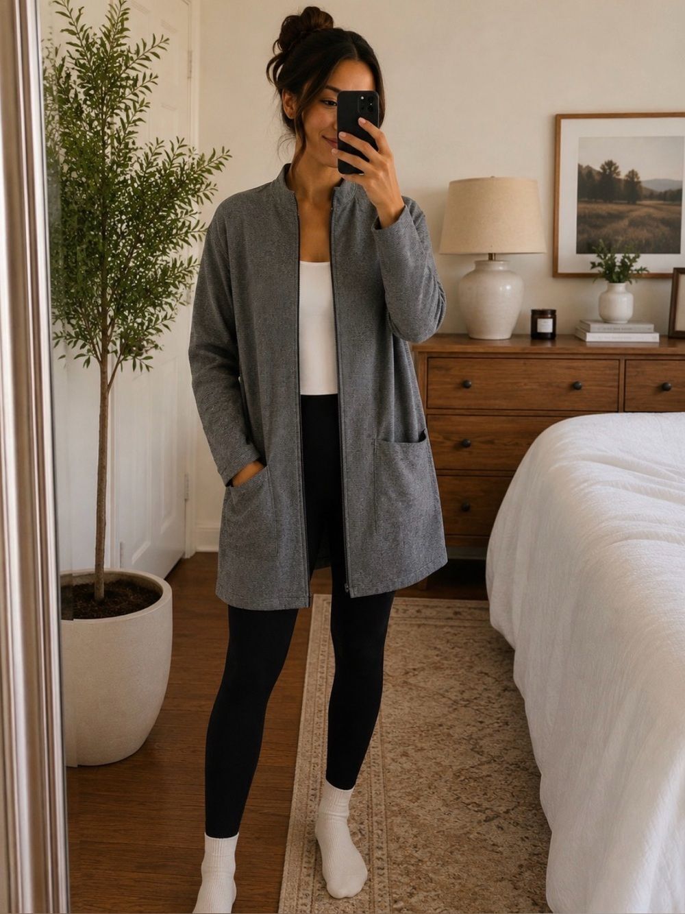 Eileen Fisher Organic Cotton & Hemp Full Zip Long Line Jacket Gray Micro Stripe